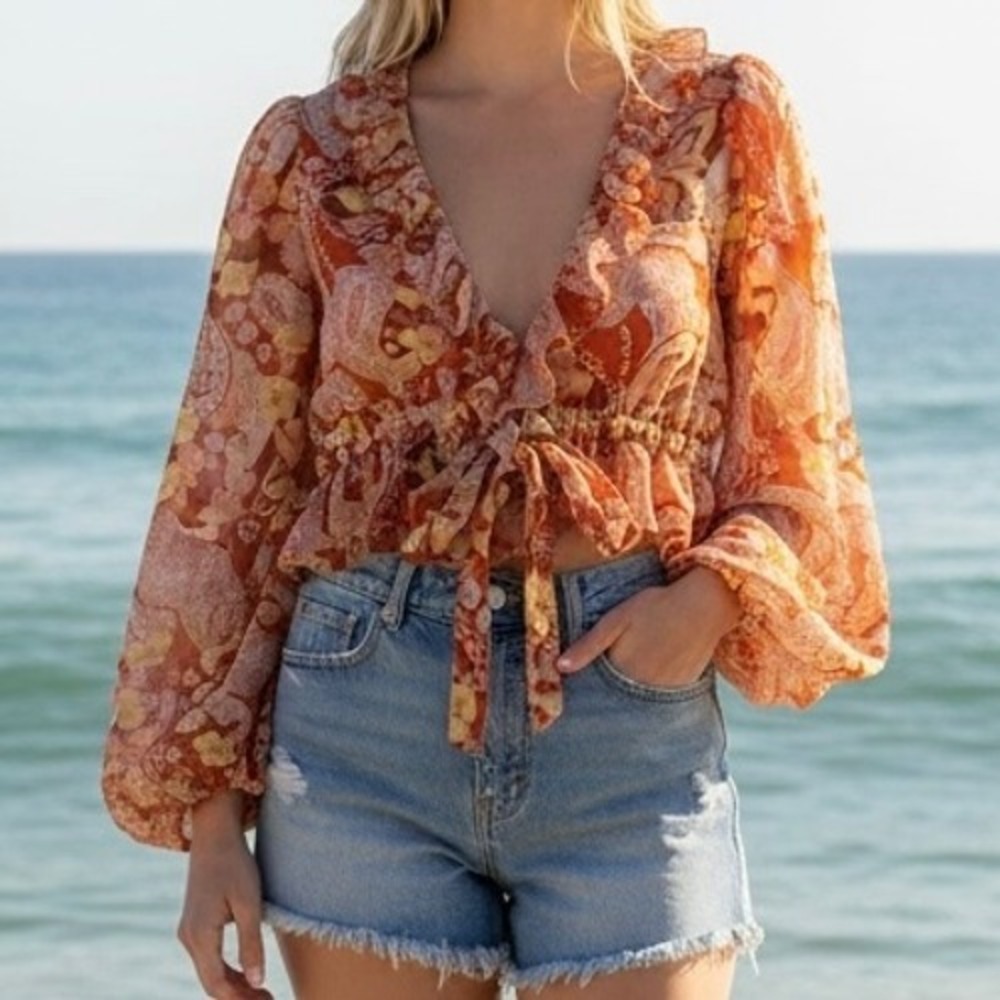 Cotton Candy LA Womens Orange Paisley Floral Ruffle Crop Top M Boho 70's Retro